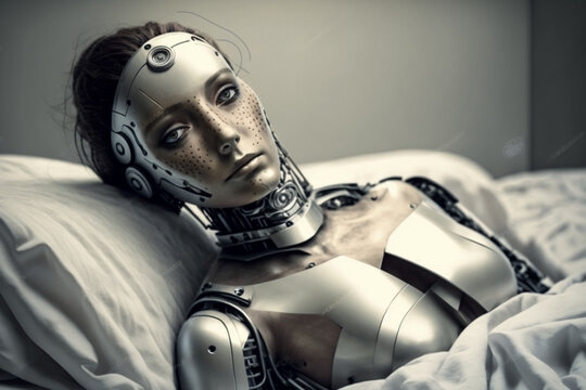 Android Robot Metal Brunette Woman On A Bed Covered With White Wrap, Creative Ai