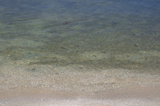 sandy beach and clear sea water in summer, closeup of photo
