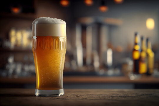 Glass of Light Draft Beer With Foam on the Bar Counter: AI Generated Image