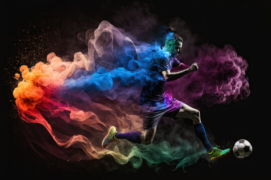 Colorful action image of soccer player running with a ball created with Generative AI technology