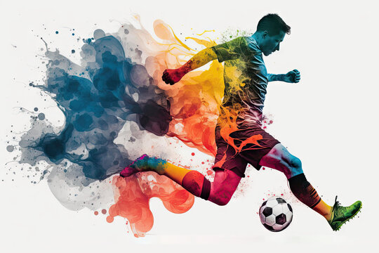 Colorful action image of soccer player running with a ball created with Generative AI technology