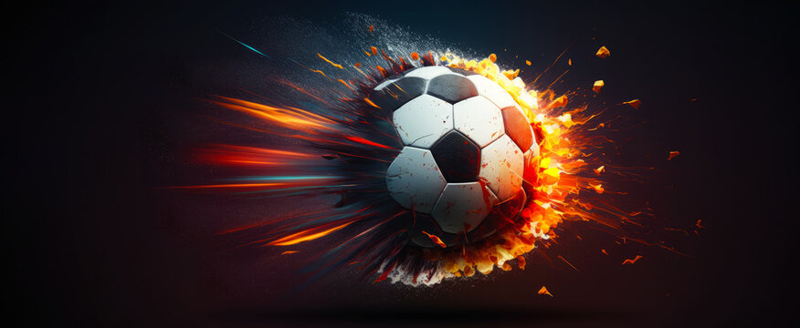 Super high velocity soccer ball, with fire bursting out. A soccer ball or football of typical black and white hex design, imploding and heating up at super high speed and power. Generative AI. 