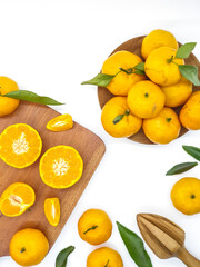 Orange fruit with green leaves on the white background. Home gardening. Mandarine oranges. Tangerine oranges. Orange color. Fresh orange juice.