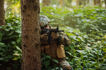 A modern warfare soldier on war duty in dense and dangerous forest areas. Dangerous military rescue...