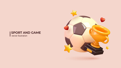 3d realistic Soccer ball. Realistic 3d design of sports elements Ball, Golden cup and Gold winners stars. Champions rewards ceremony concept in cartoon minimal style. Vector illustration