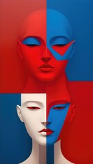 Abstract Red White and Blue Woman Head in Square Grid  Background Wallpaper Generative AI illustration