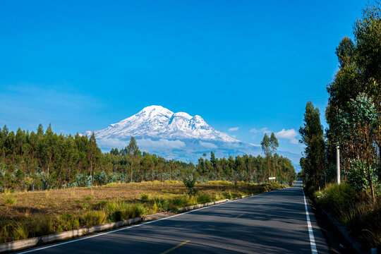 chimborazo visto desde carretera con cielo nublado y arboles 