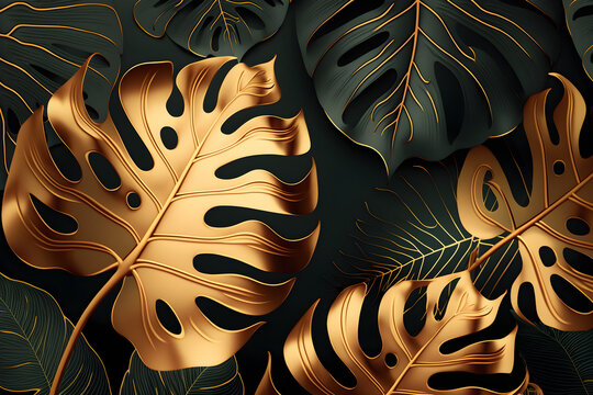 Luxury Floral Background With Golden and Green Monstera Leaves: AI Generated Image
