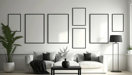 White frames for custom designs. square frames. Rectangular frames. Frames in minimalist spaces. Unpainted frames on brick walls and unpainted pictures on pastel walls. Generated by AI.