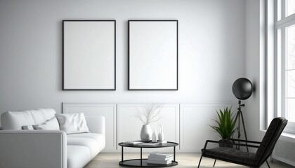 White frames for custom designs. square frames. Rectangular frames. Frames in minimalist spaces. Unpainted frames on brick walls and unpainted pictures on pastel walls. Generated by AI.