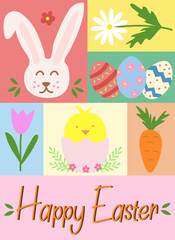 Easter greeting card with eggs, chick, bunny, carrot and flowers, vertical doodle style vector