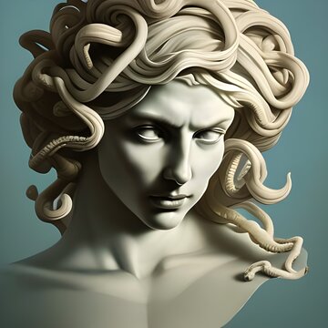 Generative AI image featuring a white marble bust of Medusa, otherwise known as Gorgo, a mythological monster slain by the hero Perseus in ancient Greek mythology.