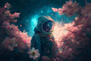 Conceptual illustration a spring time journey into the cosmos. An immersive experience promoting wellness and mindfulness with idyllic spring theme. - obrazy, fototapety, plakaty
