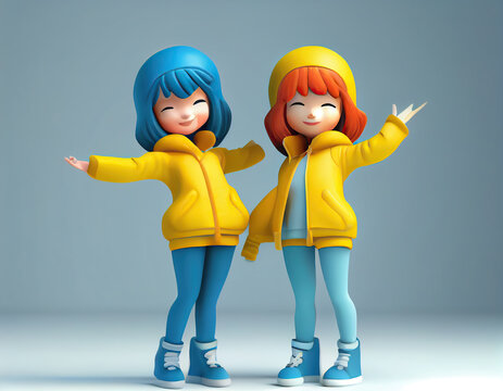 3D clay cartoon of two Asian girls in colorful casual clothing, striking a dancing pose with hands on hips and under chin. Excited, positive, and playful render. Genetative AI