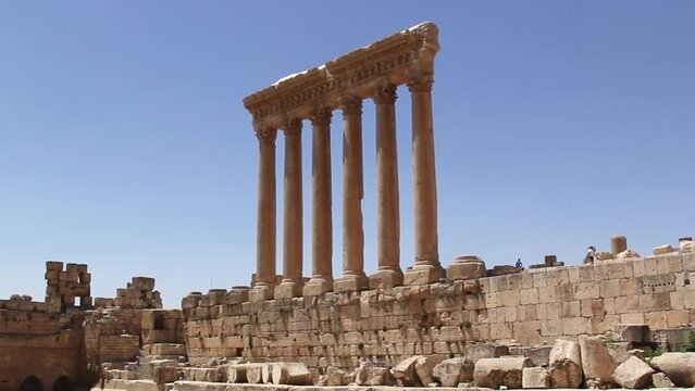 Beautiful view of the Massive columns of the Temple of Jupiter in the ancient city of Baalbek, Lebanon