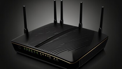 A modern and stylish Wi-Fi router, with a matte black finish and LED lights. The black background adds contrast and depth to the router's minimalist design. generative ai

