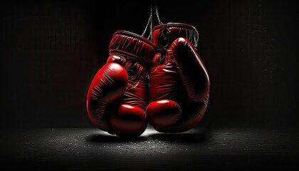 A pair of bright red boxing gloves on a black background. The lighting is moody and dramatic, casting deep shadows and emphasizing the gloves' power. generative ai


