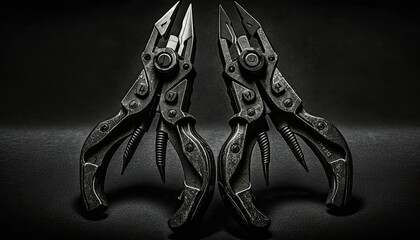 A pair of industrial-sized bolt cutters on a black background, with sharp and angular lighting creating an ominous and menacing mood. generative ai
