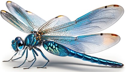 A striking blue dragonfly with shimmering wings perched on a white background. The bright lighting highlights the dragonfly's metallic sheen and intricate wings. white background. generative ai