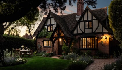 A Tudor-style house with a sloping roof and brick exterior, featuring a lush green lawn and vibrant flower garden. The scene is set in the backyard, with a wooden patio generative ai