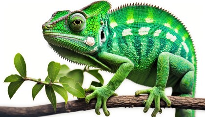 Fototapeta premium A vibrant green chameleon perched on a white background. The bright lighting brings out the chameleon's striking color and unique appearance. Isolated on a white background. generative ai