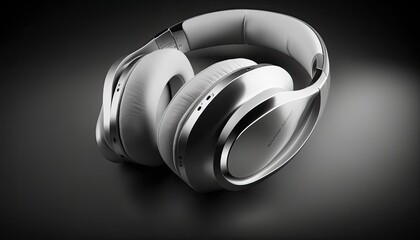 A white and silver wireless headphones, with a sleek and minimalist design. The mood is modern and techy, with a futuristic and stylish atmosphere. Lighting is focused generative ai