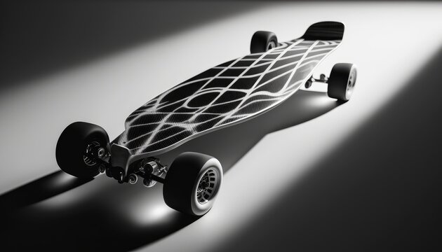 A stylish black and white skateboard on a white background. The lighting is edgy and cool, capturing the rebellious and adventurous spirit of skateboarding. generative ai