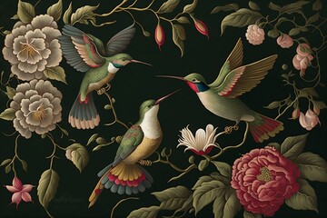 Birds and flowers painting on black background