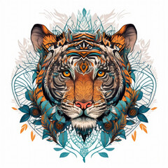 Colorful detailed tiger mandala art on a white background. Created with Generative AI technology.