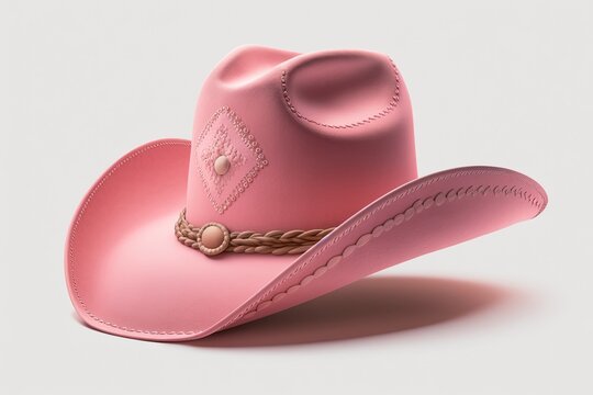 Pink cowboy hat isolated on white backdrop with clipping path cutout idea for elegant cowgirl clothes, soft femininity, and western dress. Generative AI