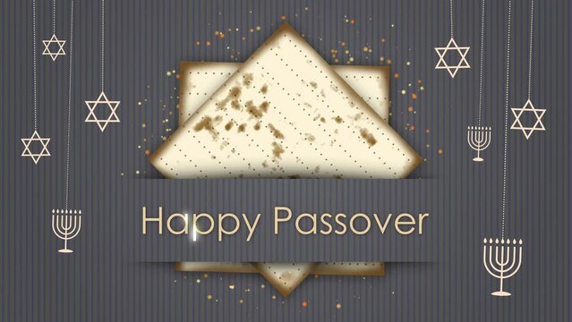 Happy Jewish Passover. Looped animation with symbols of Judaism. Matzah bread. Gray background with star of david and menorah.