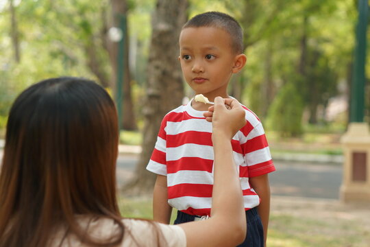 The boy ate ice cream that his mother gave him.