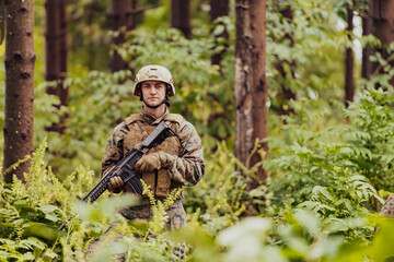 A modern warfare soldier on war duty in dense and dangerous forest areas. Dangerous military rescue operations