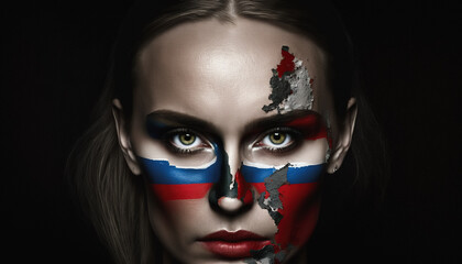 Russia. A beautiful young woman with paint in the colors of national flag of Russia. How AI sees the countries of the world if we imagine that they are people. digital ai art.