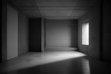 a rough cement floor and an abstracted empty contemporary concrete room with indirect lighting from above make up this industrial interior backdrop template. Generative AI