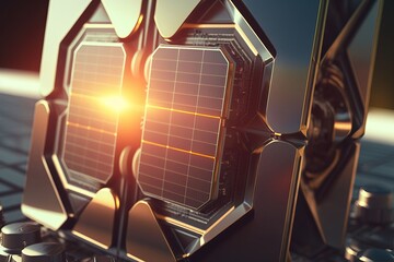 Futuristic solar panel array with the sun beaming and generating clean energy. Technologies of the future for the generation of green (renewable, alternative) energy. Generative AI.