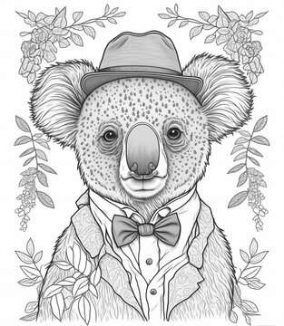 Animals in suits , coloring page , for kids , koala  , generative ai 