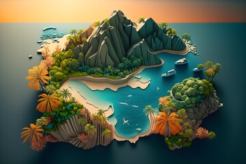 A paper cut out of a tropical island with a mountain in the background made with generative AI