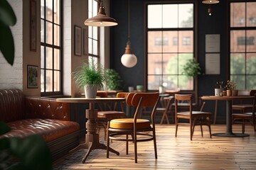 A coffee shop with a large window and a wooden table made with generative AI