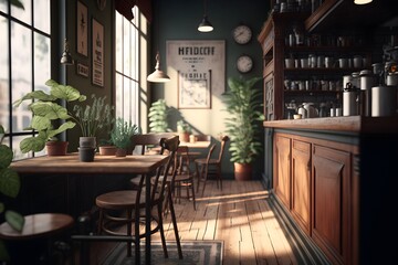 Fototapeta premium A coffee shop with a large window and a wooden table made with generative AI