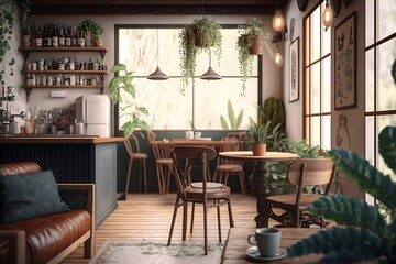 A coffee shop with a large window and a wooden table made with generative AI