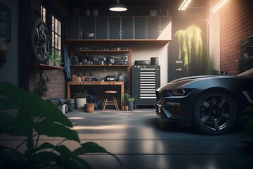 A garage with a car in the background made with generative AI