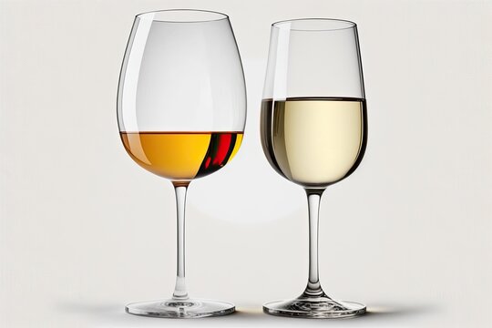 Image of a red wine glass and a white wine glass against a white background. Generative AI