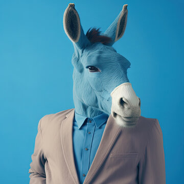 Fashion donkey in suit. Blue monochrome portrait. Generative AI