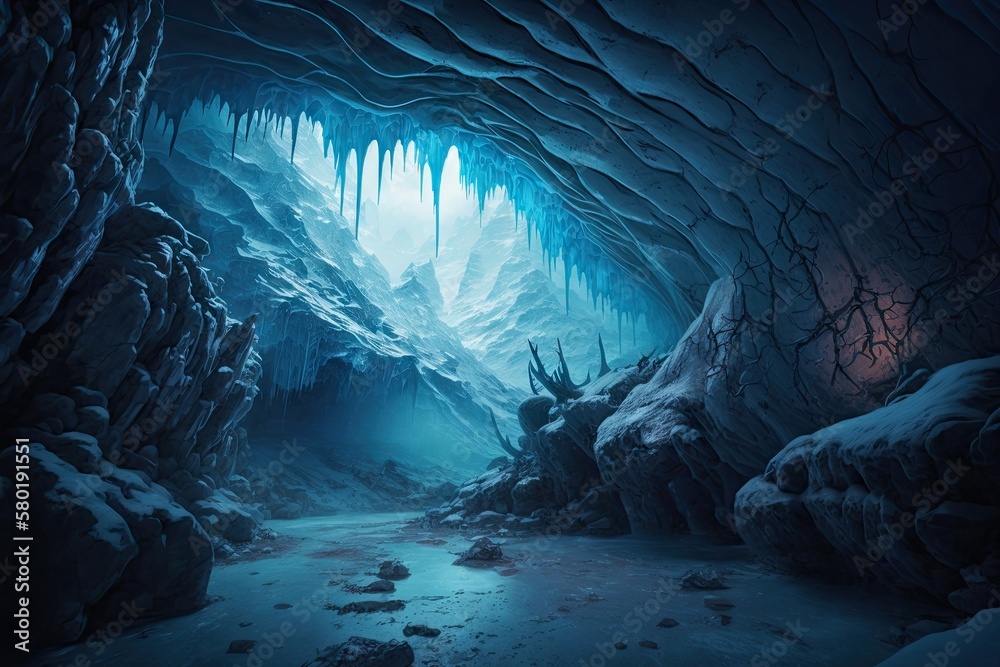 Poster a frozen cave system, with icicles hanging from the ceiling and blue glacial ice covering the ground., created with generative ai