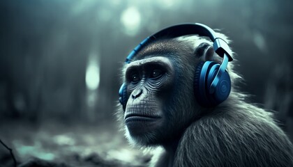 Obraz premium animal wearing headphones , monkey , music , generative AI