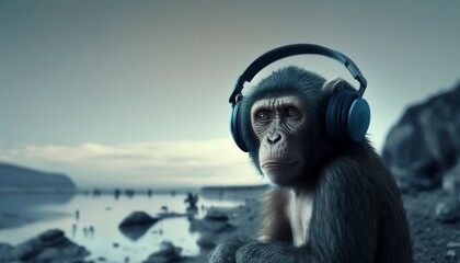 animal wearing headphones , monkey , music , generative AI