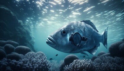 Animal wearing headphone , fish , music , generative AI 