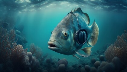 Animal wearing headphone , fish , music , generative AI 