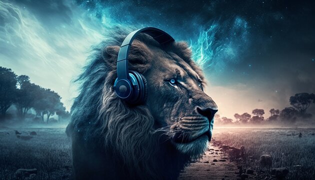 Animal Wearing Headphones , Lion , Generative AI , Music 